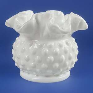 Vintage Fenton White Milk Glass Hobnail Ruffled Edge Footed Vase Bowl 3”